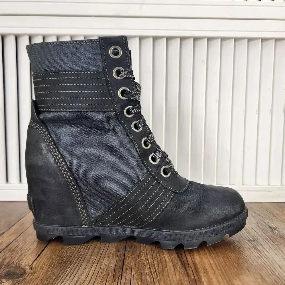 Sorel Lexie Boots Womens Sz 8 Black Leather Hidden Wedge Heel Lug Ankle Booties
